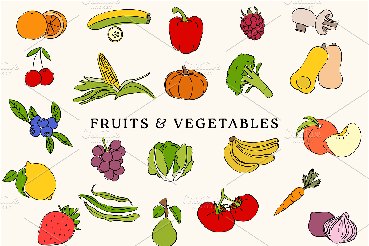Hand-Drawn Fruits & Veggies Bundle, a Food Illustration by Ellie Haldors Design (Photo 1 of 6)