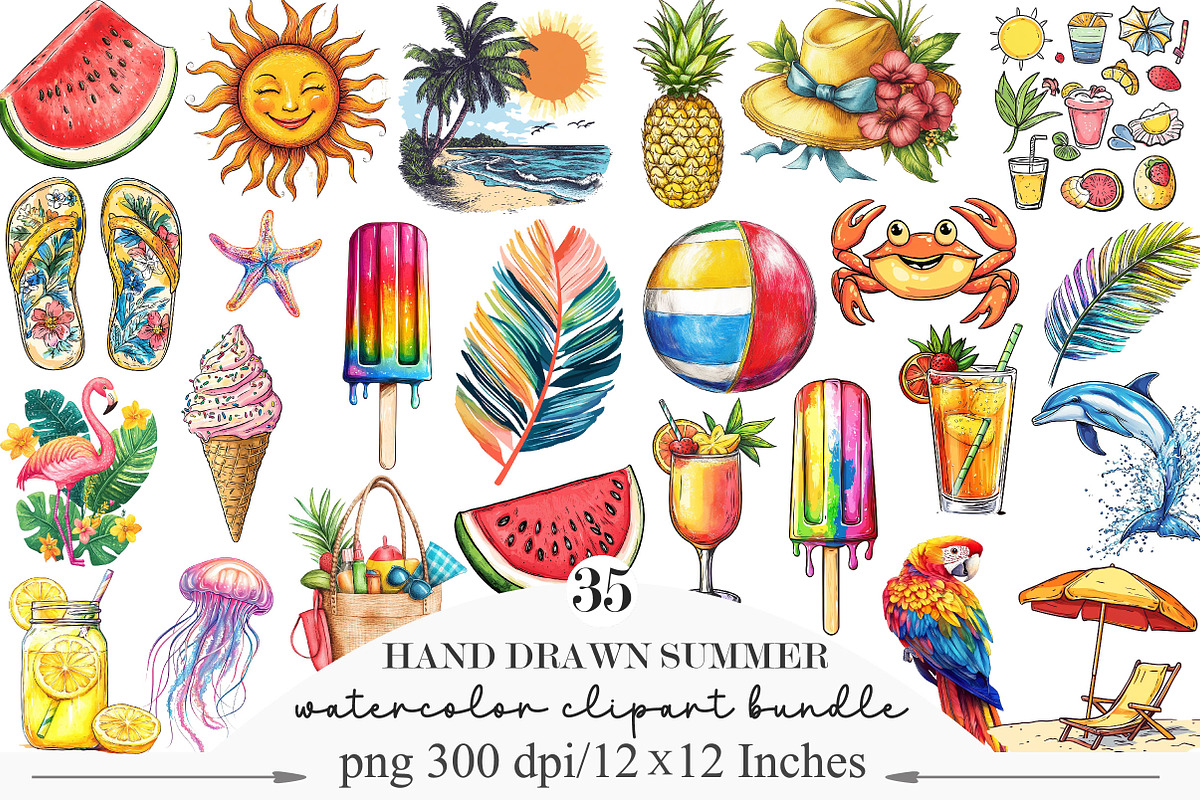 Hand Drawn Summer Clipart PNG Set, an Illustration by Designking (Photo 1 of 5)