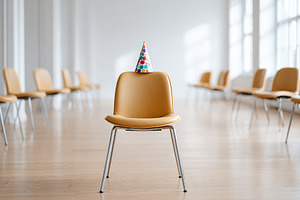 Office chair with a party hat in an empty modern workspace during daylight hour, a Photo by AlyaAnd