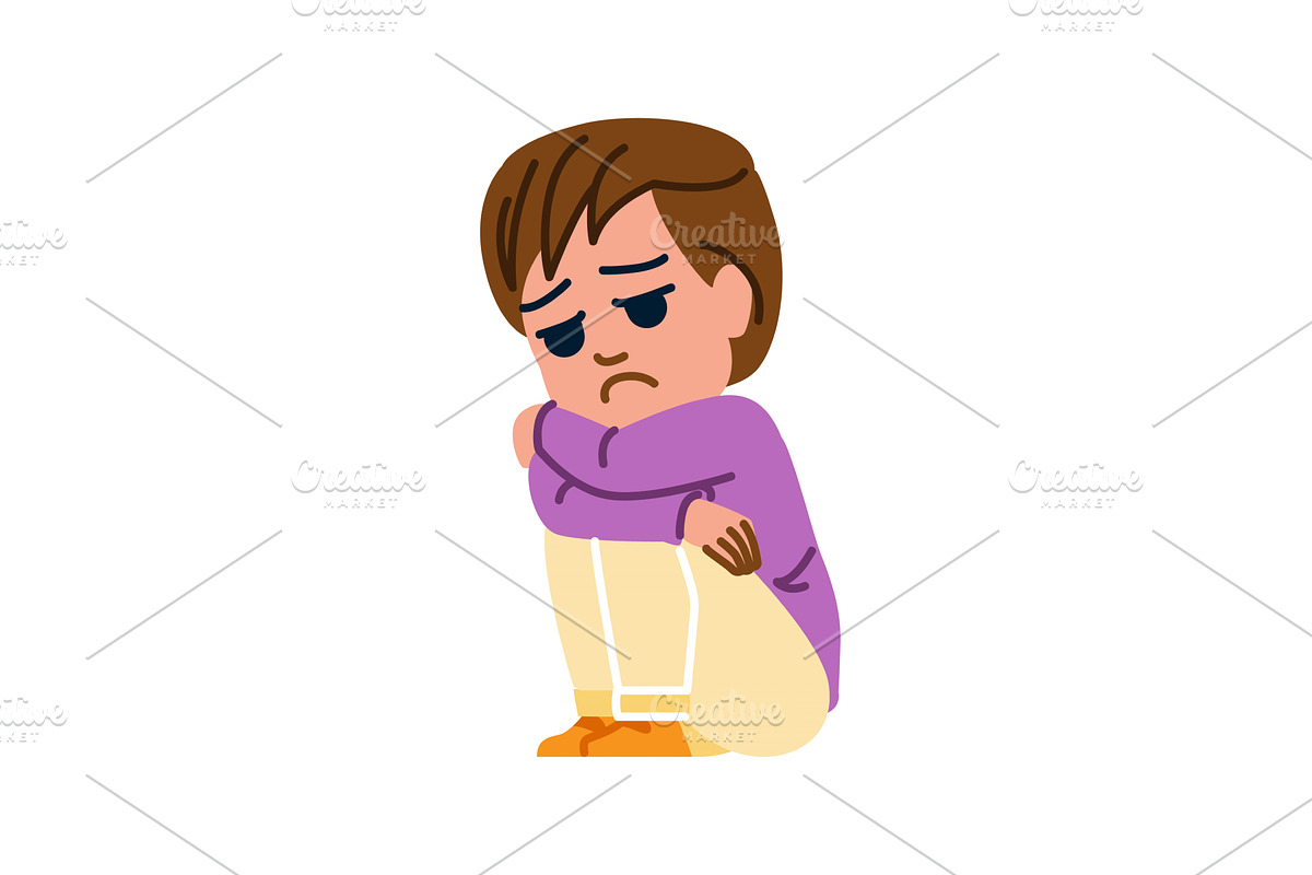 Sad child sitting alone and hugging, an Illustration by pikepicture