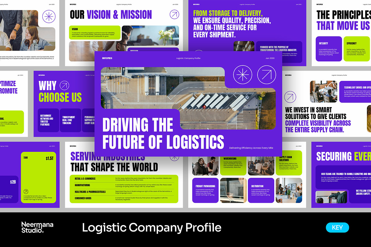 Purple Logistic Company Profile KEY, a Presentation Template by Neermana (Photo 1 of 4)