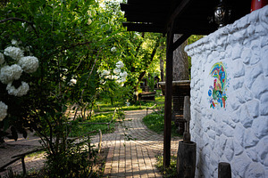 Scenic garden pathway bordered by flowers with artistic wall design in sunny li, a Photo by AS photostudio