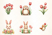 Cute Animals and Tulip Flower Clipar, an Illustration by CrexoraLab (Thumbnail 2 of 5)