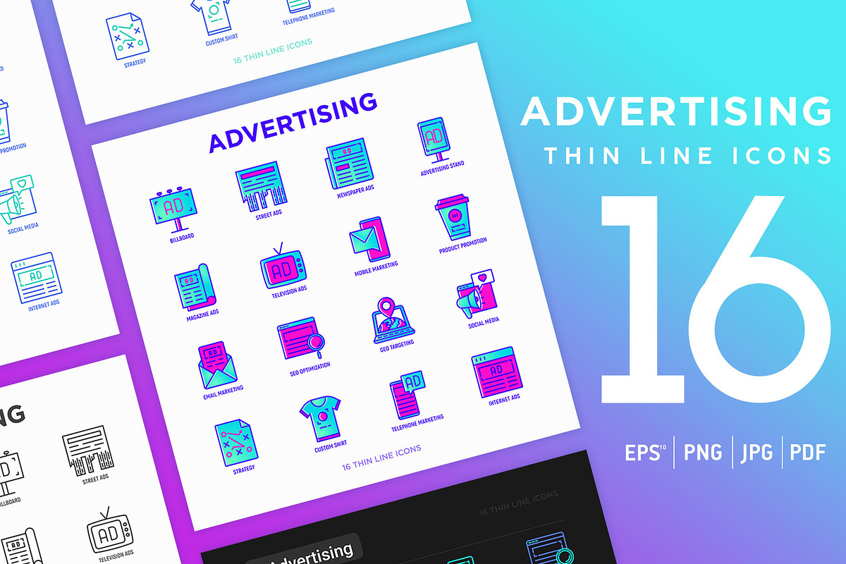 Advertising | 16 Thin Line Icons Set, an Outline Icon by Alex Blogoodf (Photo 1 of 7)