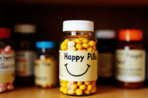 Bottle of yellow Happy Pills pills, a Health & Medical Photo by Perpis