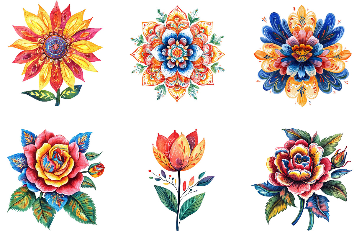 Watercolor Colorful Folk Floral, an Illustration by Designking (Photo 2 of 5)