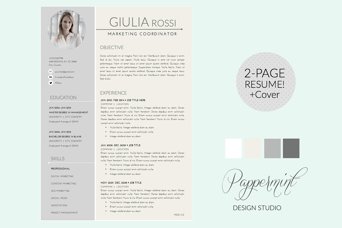 Giulia Rossi Resume Template + Cover, a Resume Template by PAPPERMINT RESUME STUDIO (Photo 1 of 4)