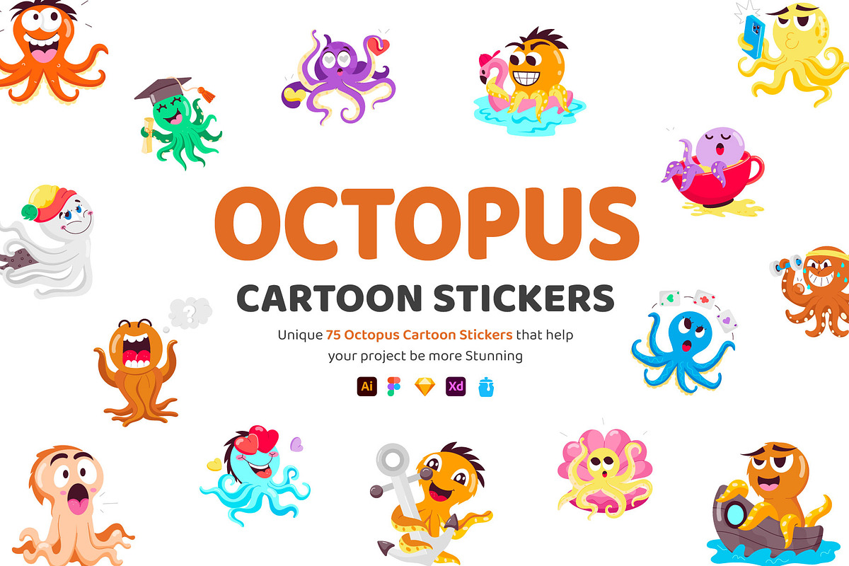 Octopus Cartoon Sticker Set, an Emoji Icon by Vectors Market (Photo 1 of 6)