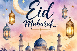 Watercolor Eid Mubarak Illustration