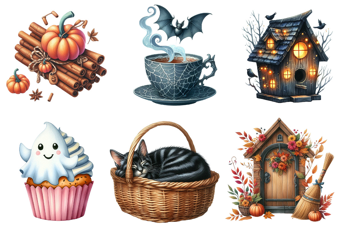 Cute Halloween Cottage Clipart, an Illustration by Watercolor design (Photo 2 of 4)