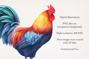Rooster Watercolor Clipart 33 PNG, an Animal Illustration by EleSArtDesign (Thumbnail 3 of 4)