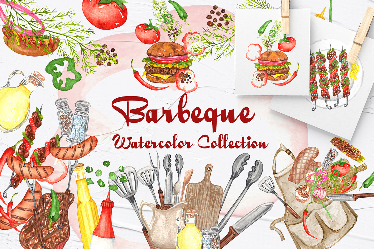 BBQ Watercolor Set, a Food Illustration by BarvArt | Creative Market