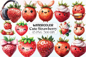 Watercolor Cute Strawberry Clipart, an Illustration by CraftArtStudio