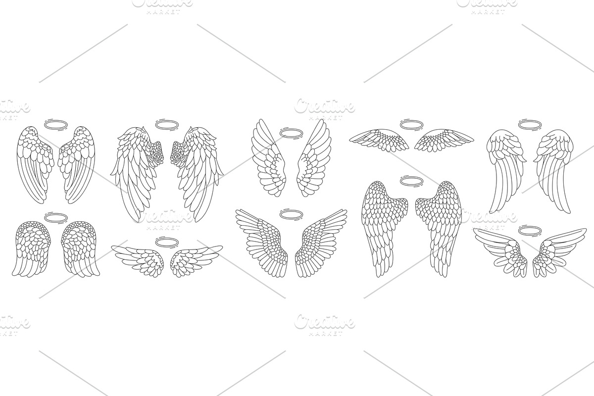 Angel Wings Line Doodle Vector Set, an Object Illustration by Lemberg Vector