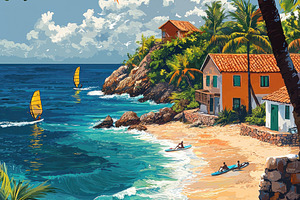 Tropical beach with colorful houses, palm trees, turquoise waves, a Person Photo by José Manuel Gelpi