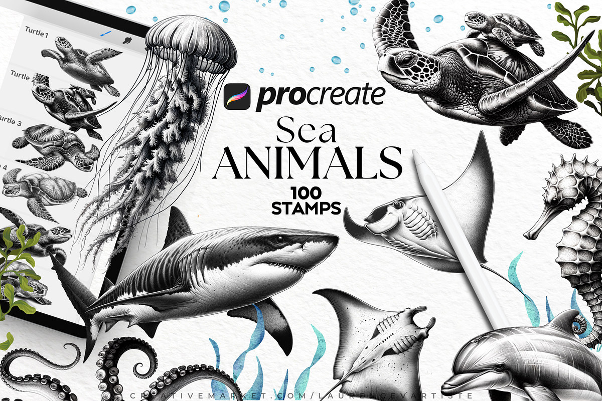 Sea Animal Procreate Brushes Stamps, a Brush Add-On by LaurenceVArtiste (Photo 1 of 8)