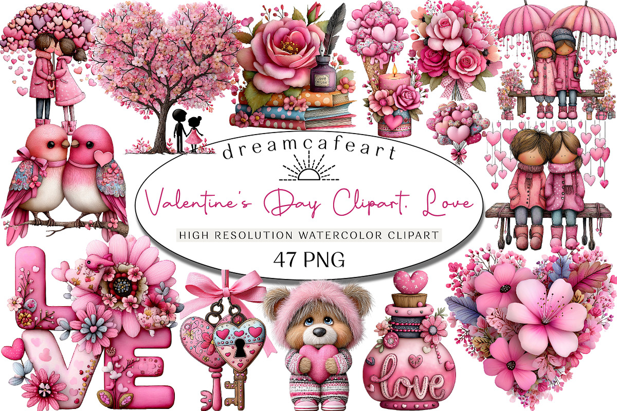 Watercolor Valentine's Day Clipart, an Illustration by DreamCafeArt (Photo 1 of 6)