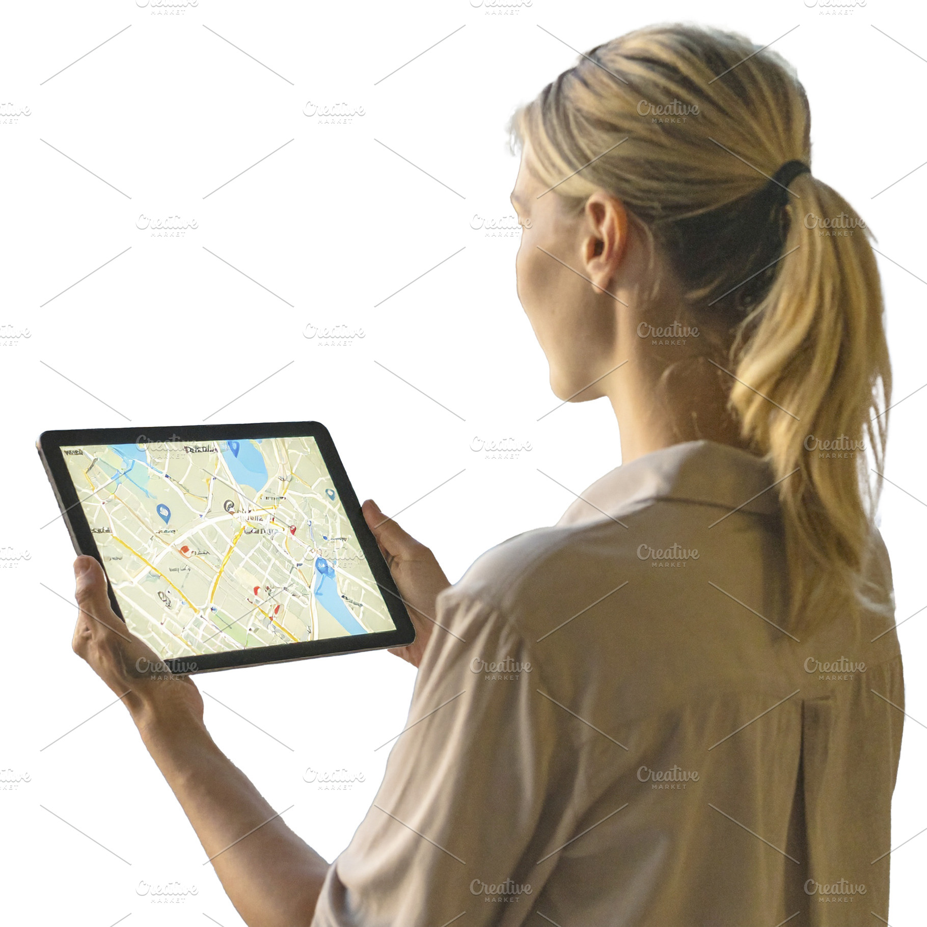 Traveler holding a tablet with map isolated photo, a Technology Photo by DanFLCreativo