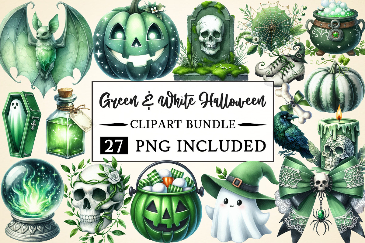 Green & White Halloween Clipart, a Seasonal Illustration by Daily.Designs