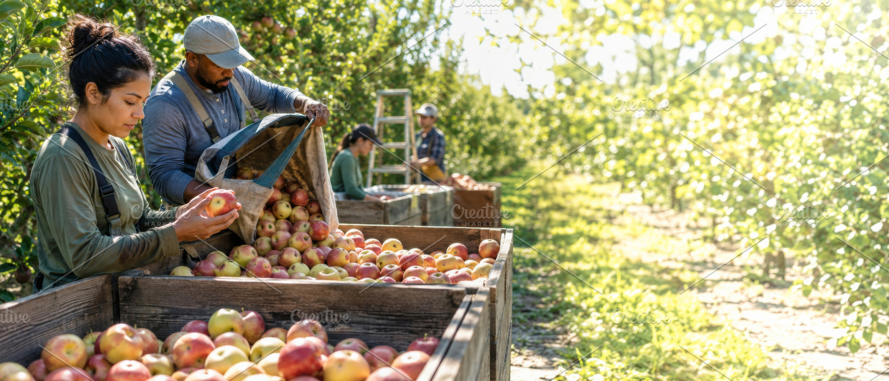 Harvesting apples in orchard with wo, a Photo by Dvoevnore photos