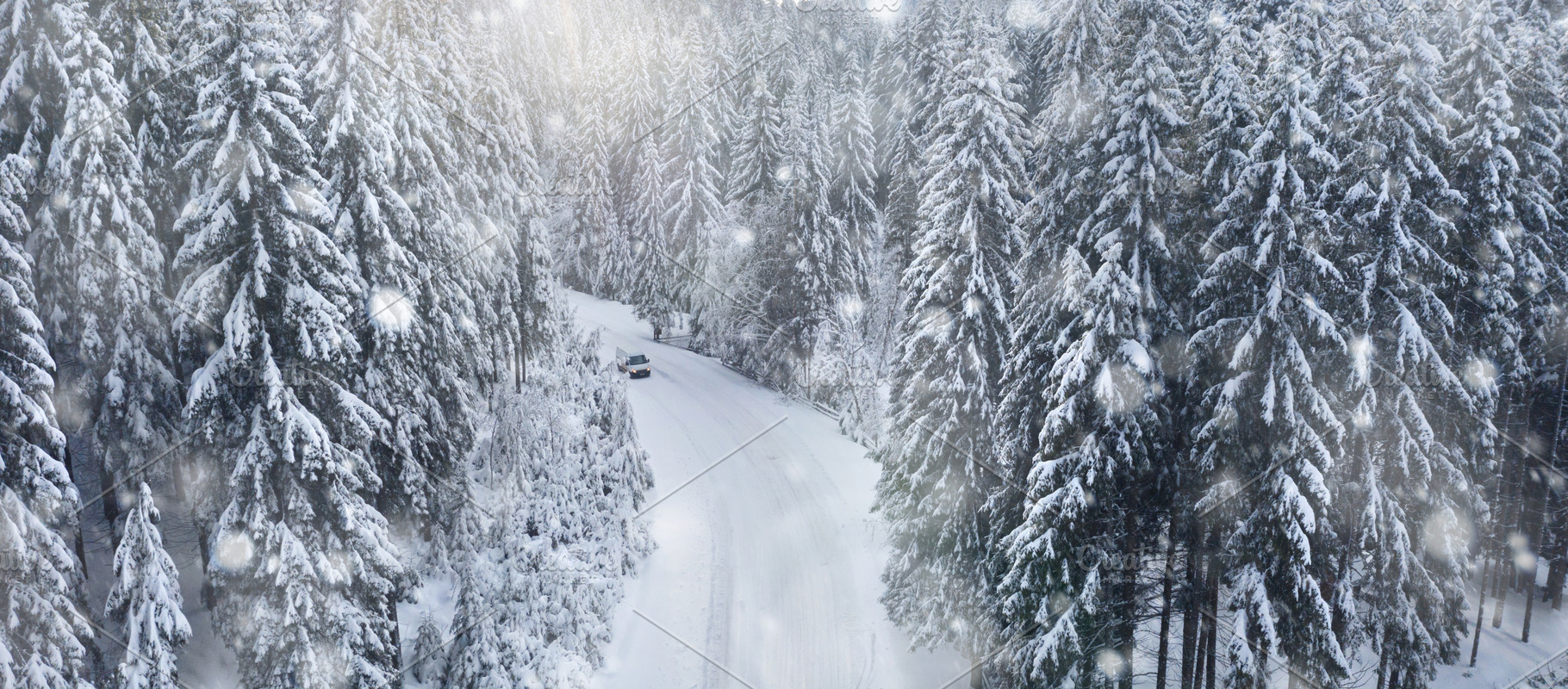 Car rides on snowy forest road stock photo containing landscape and forest, a Nature Photo by KucherPhoto
