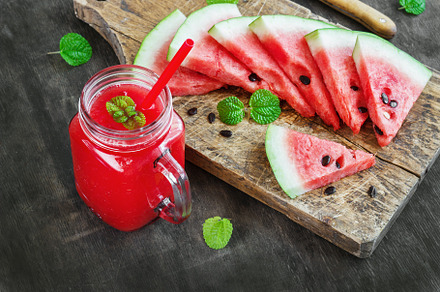Watermelon juice and pieces of containing watermelon, juice, and drink