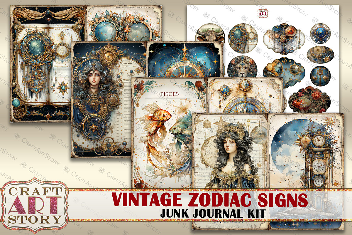 Vintage astrology junk journal Pages, a Seasonal Illustration by CraftArtStory (Photo 4 of 5)