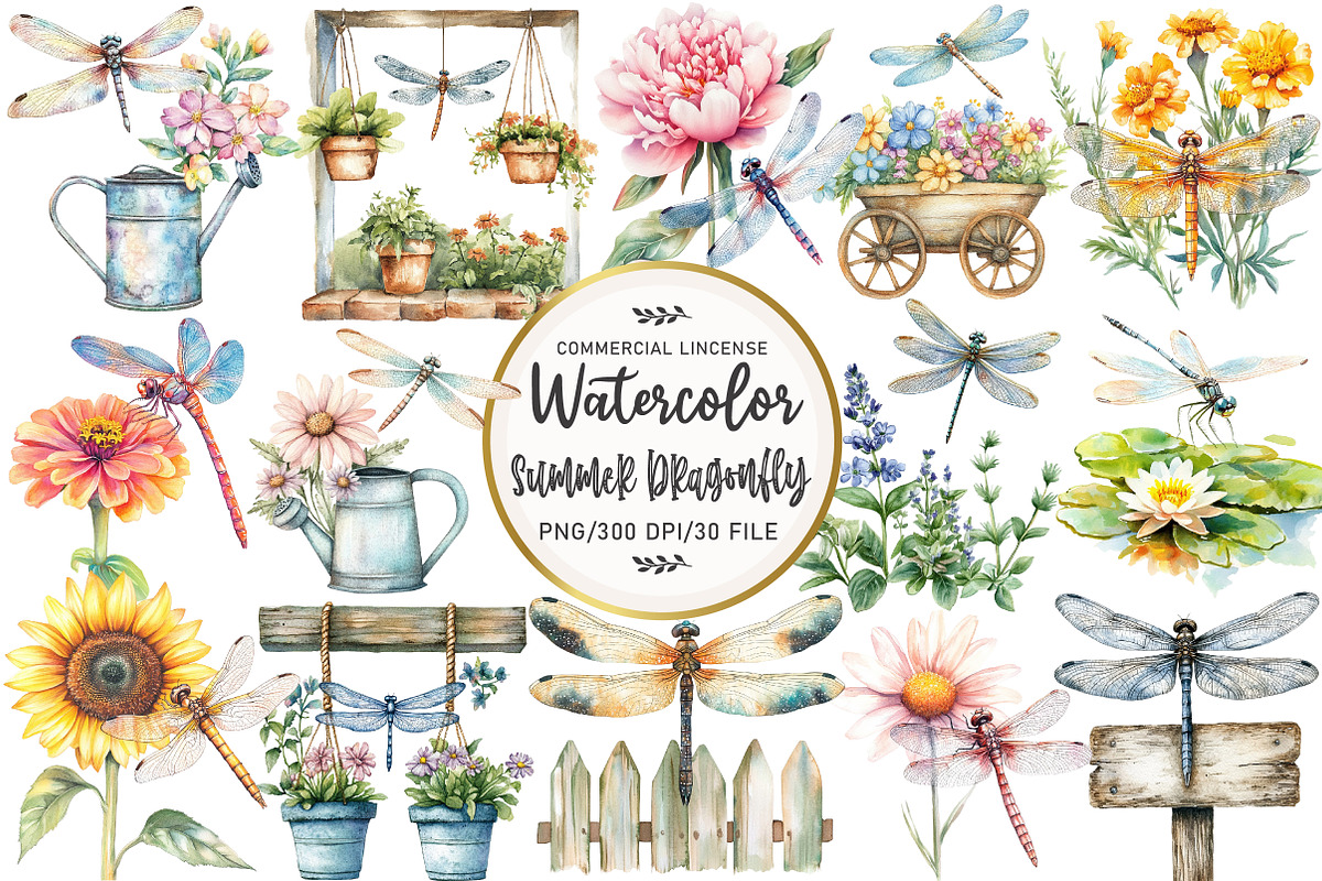Summer Dragonfly Garden Clipart, an Illustration by OK Design (Photo 1 of 5)