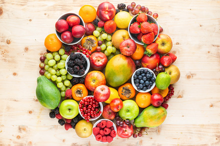 Rainbow fruits background featuring top view, white, and view, a Food ...