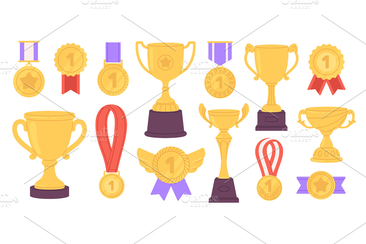 Winner medals golden cups. Flat, an Illustration by LadadikArt