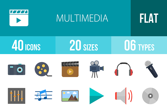 40 Multimedia Flat Multicolor Icons