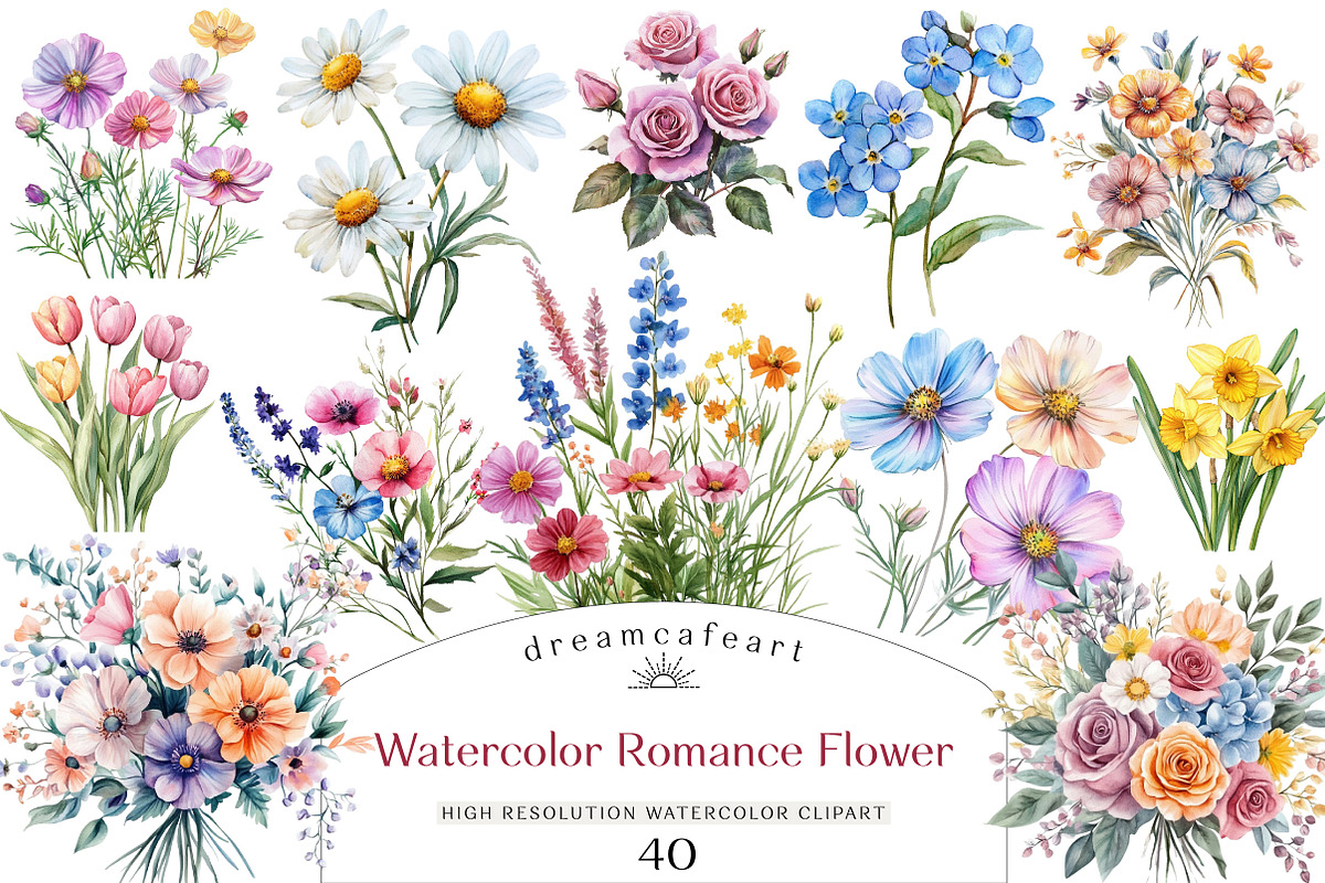 Watercolor Romance Flower Clipart, an Illustration by DreamCafeArt (Photo 1 of 5)