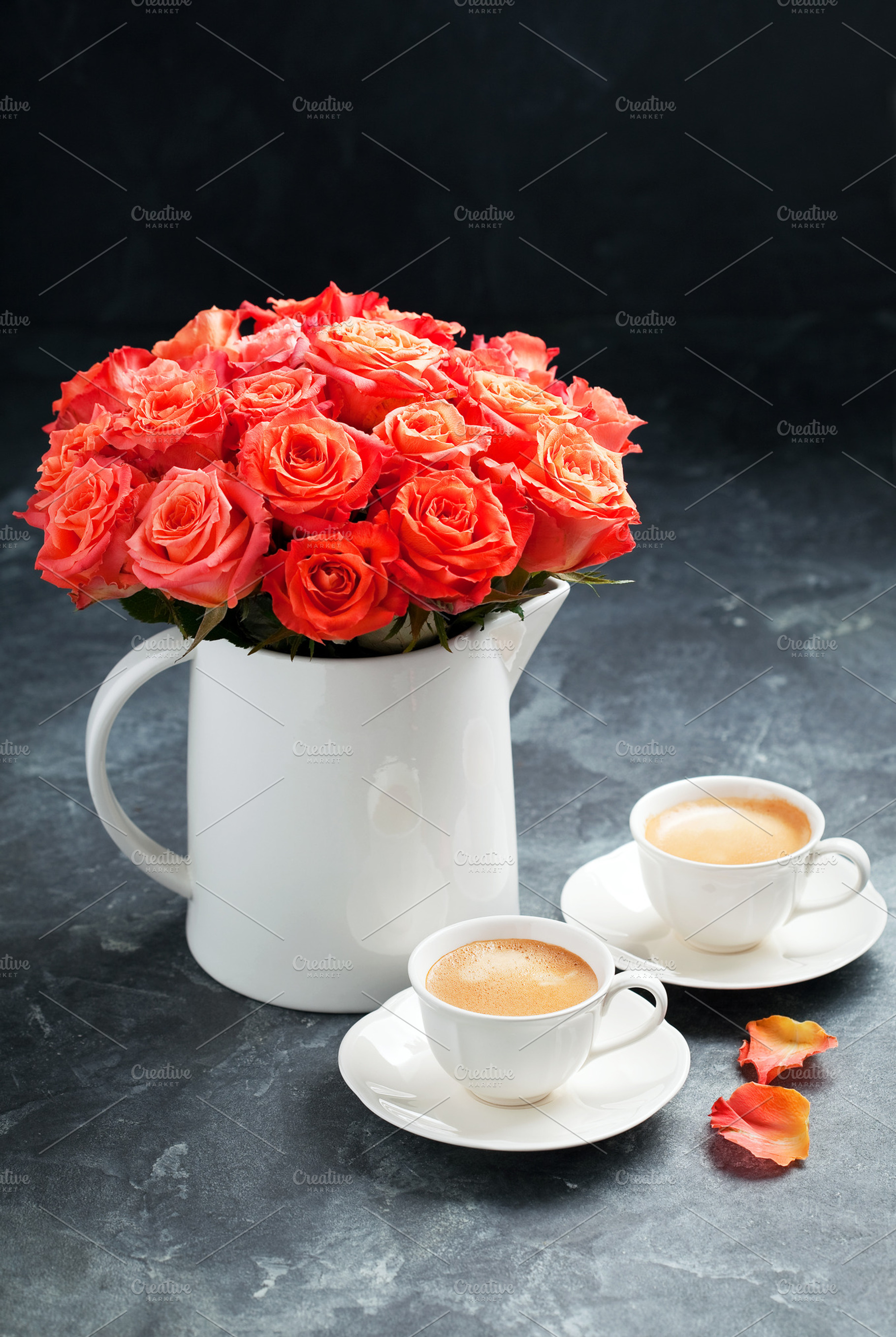 Two cups of espresso and a bouquet of roses, a Food & Drink Photo by Y. A. Photo