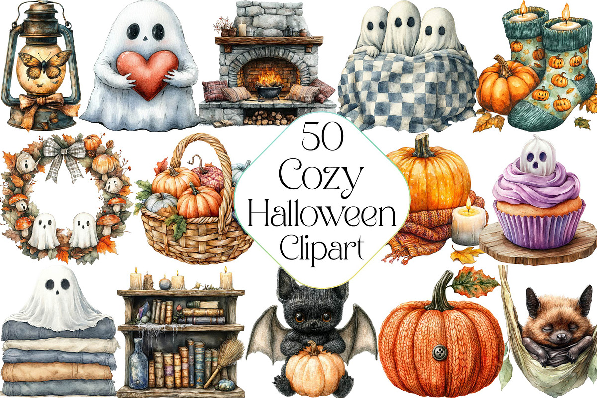 Watercolor Cozy Halloween Clipart, an Illustration by DreamPrint404 (Photo 1 of 5)