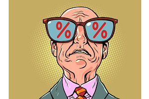 A sad bald man. Red discount symbols