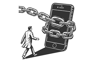 Man confronting chained smartphone, a Technology Illustration by AlexArt