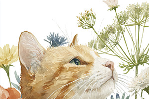 Ginger cat with white fur surrounded by colorful garden flowers, an Illustration by Studio ANNA