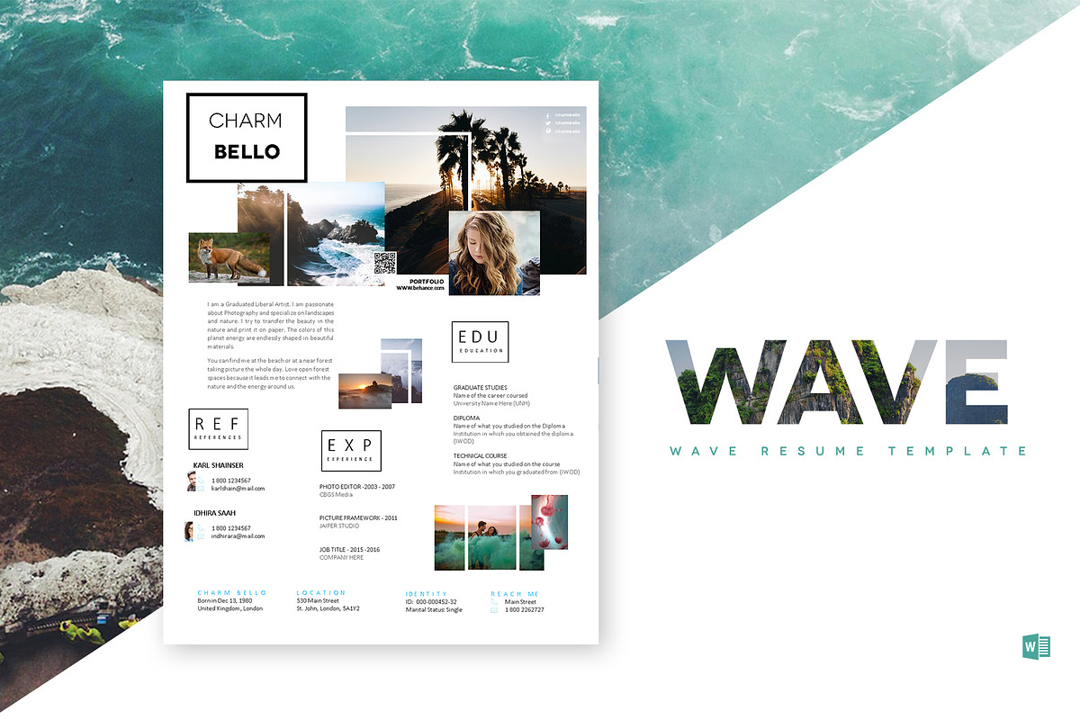 Wave Resume Template, a Templates & Theme by CharmBello (Photo 1 of 2)