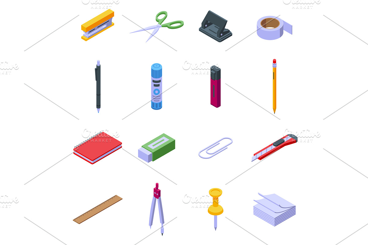 Isometric office school supplies, an Education Illustration by Valerie Bodnar