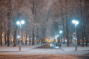 Perspective of winter park alley with glowing street lamps at ni, a Photo by Pictures for you!!!!!!!!!