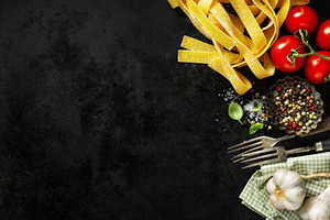 Italian food background with ingredi featuring gastronomy, dark background