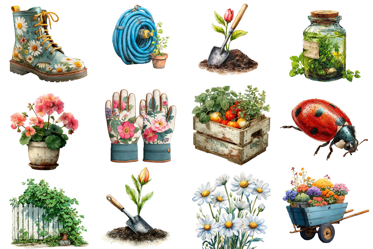 Summer Garden Watercolor Clipart, an Illustration by Designworld (Photo 4 of 6)