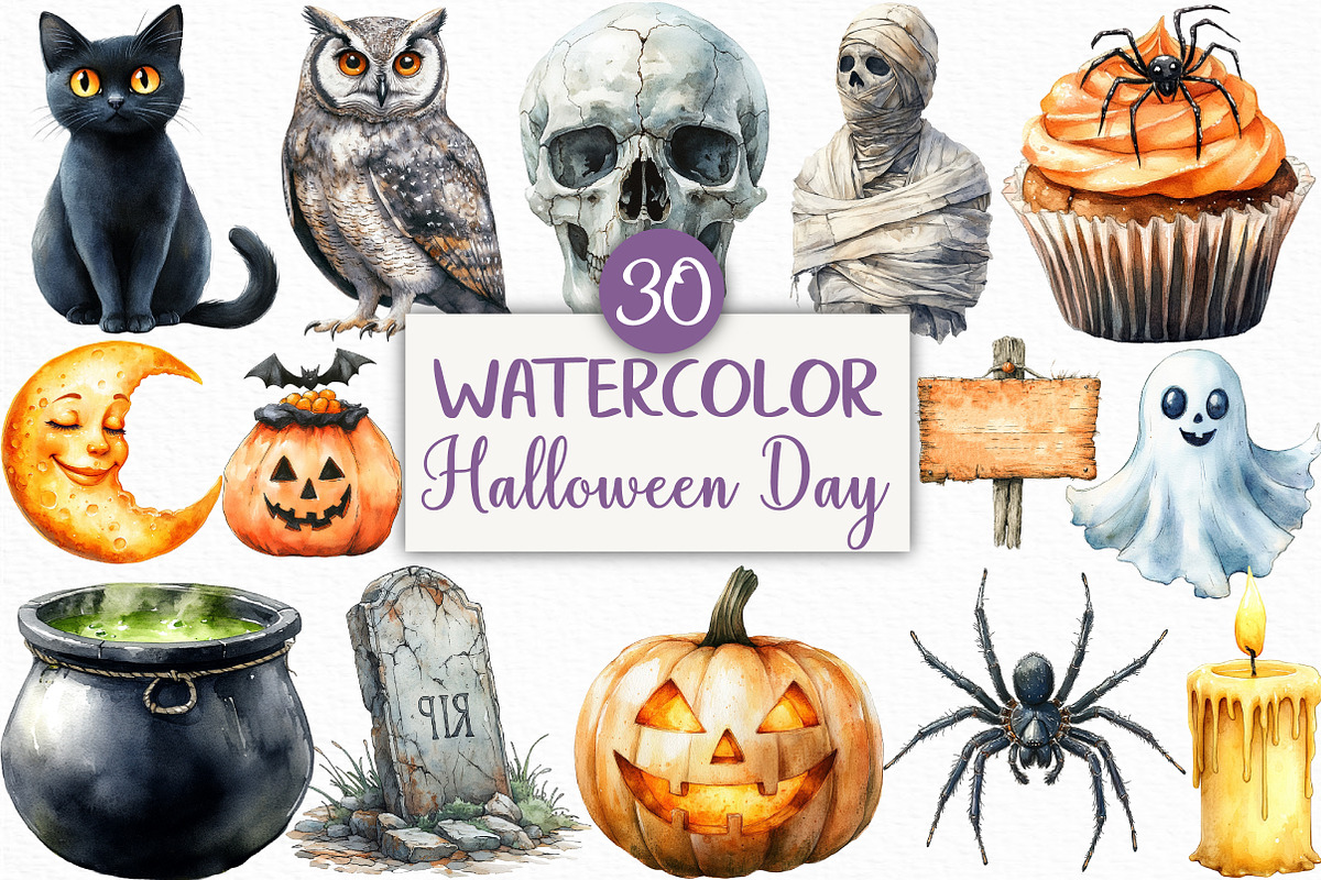 Watercolor Halloween Day Clipart, an Illustration by Craft Nest (Photo 1 of 6)