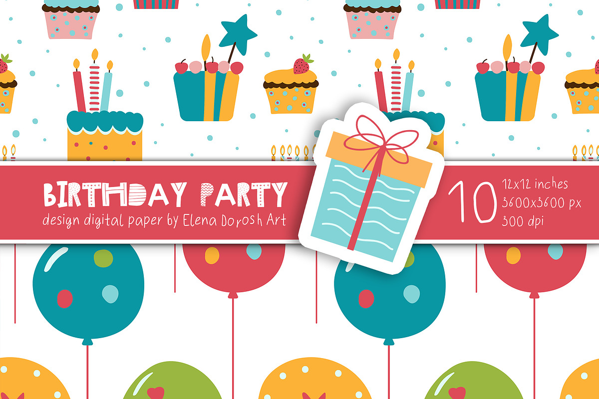 Birthday Party Cartoon Digital Paper, a Pattern Graphic by Elena Dorosh (Photo 2 of 6)