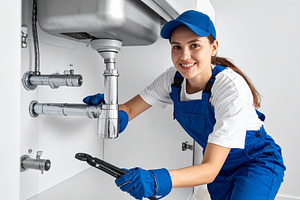 Man plumber fixing pipes under a sink., an Industrial Photo by DanFLCreativo