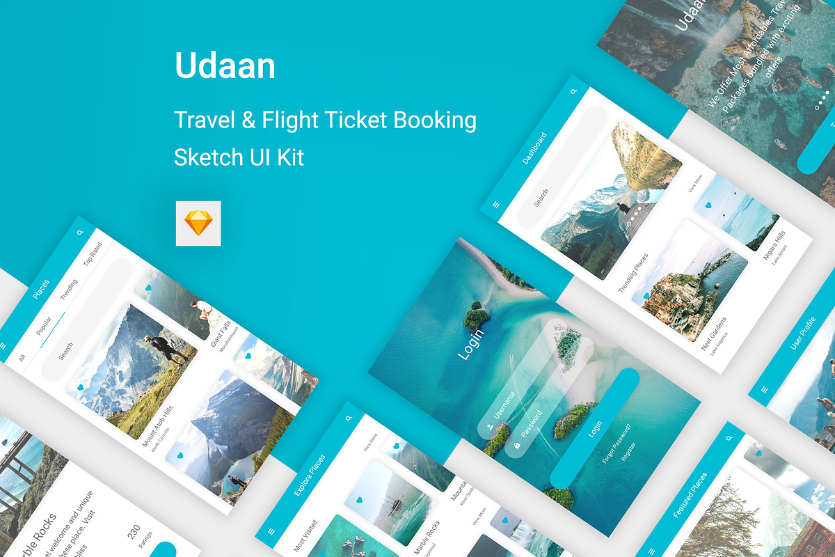Travel & Flight Booking Sketch App, an UI Kit Template by themelove (Photo 1 of 16)