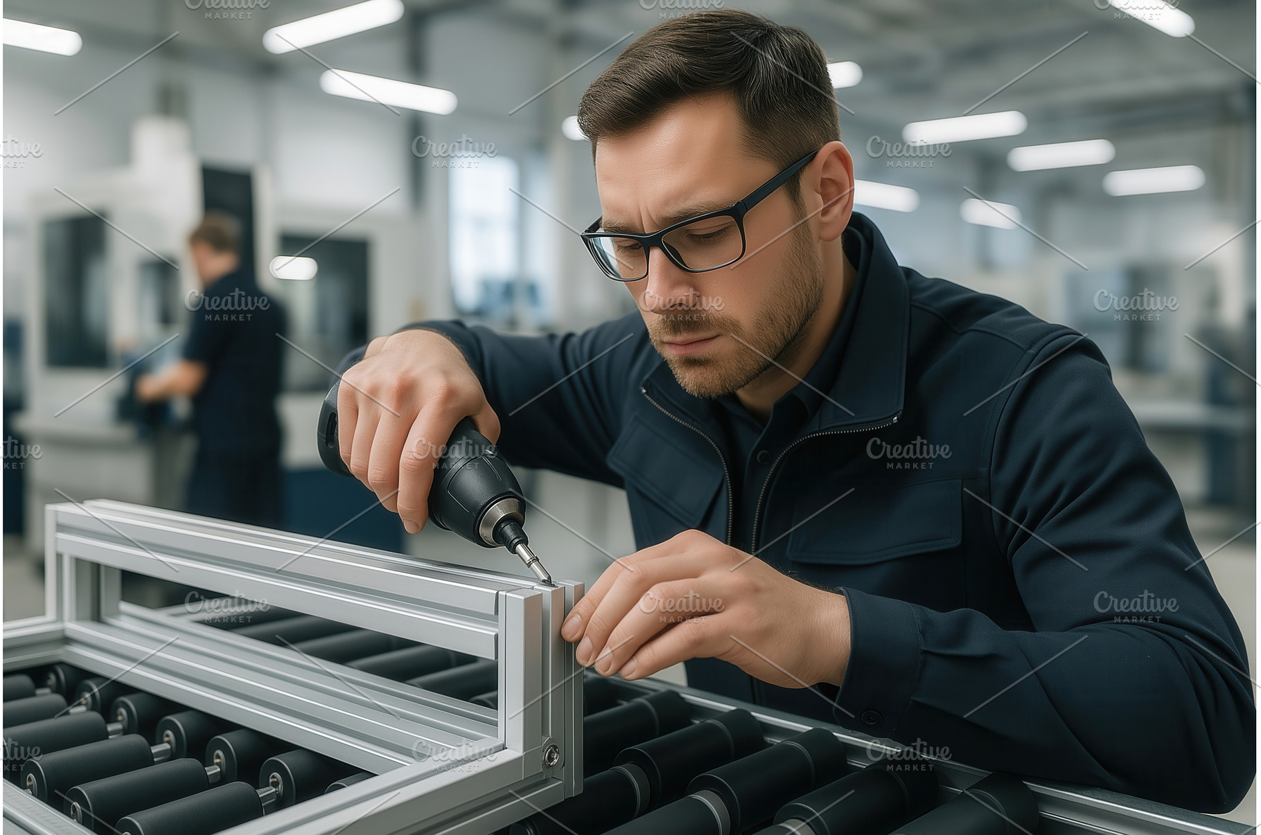 Caucasian male engineer using a, an Industrial Photo by Sergey Kotenev