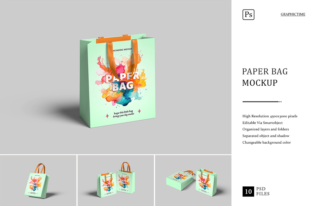 Paper Bag Mockup, a Merchandise Mockup by graphictime (Photo 1 of 12)