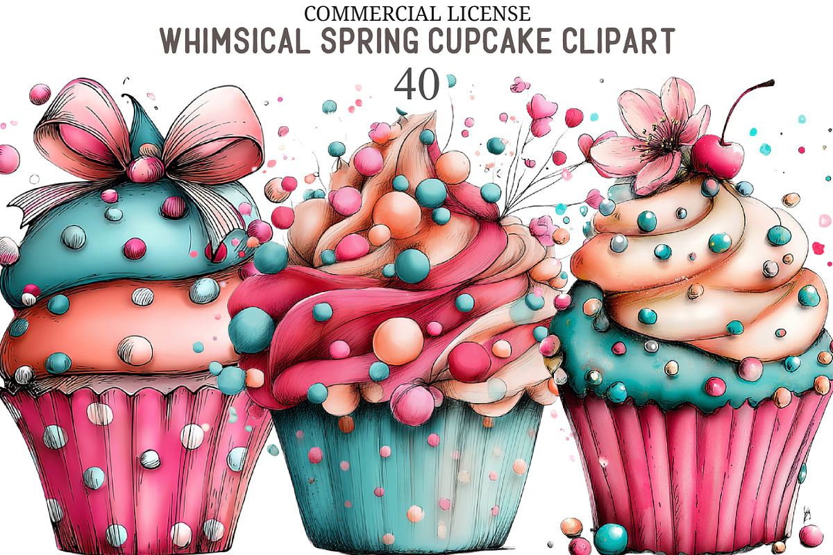 Whimsical Spring Cupcake Clipart, an Illustration by designcity5 (Photo 1 of 5)