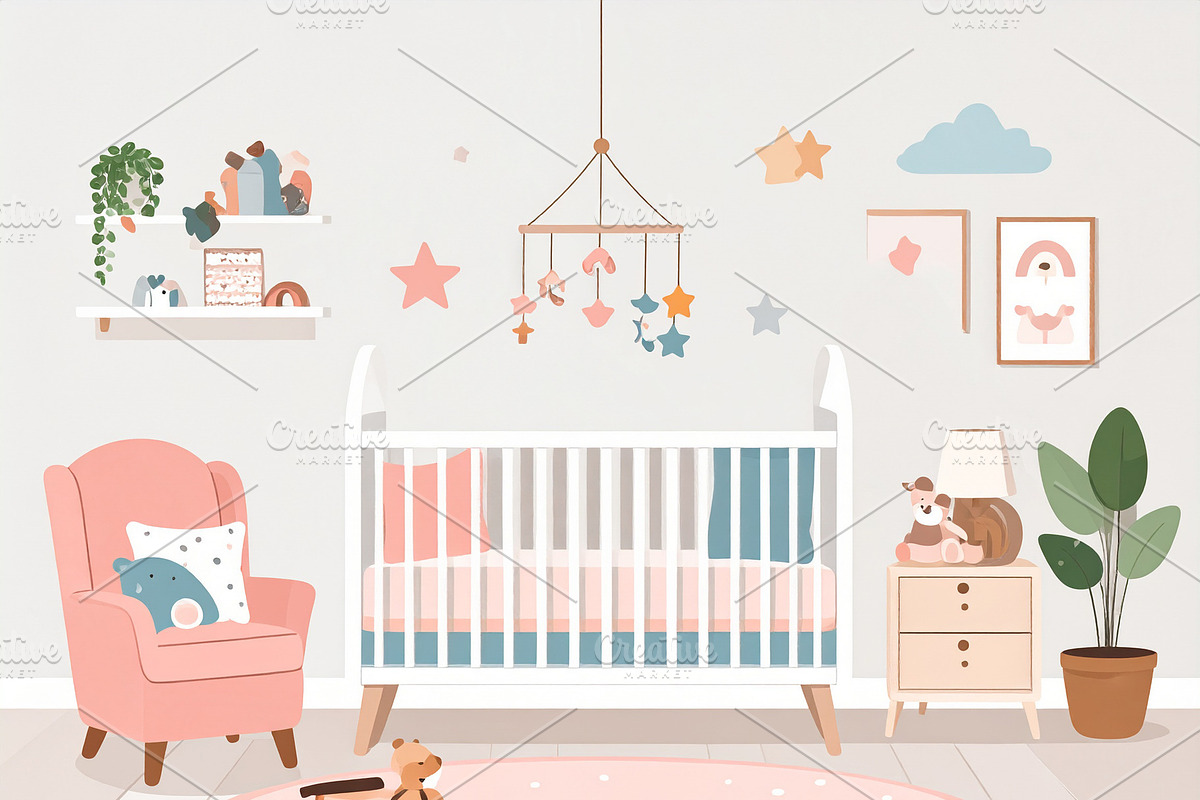 illustration of a baby room interior in pastel colors, a Decorative Illustration by DanFLCreativo